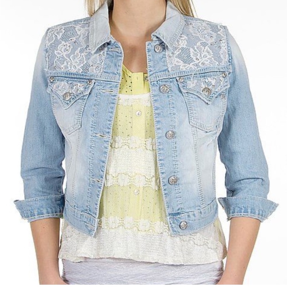 Miss Me Light Blue Cropped Jean Jacket with Lace Accents and rhinestones